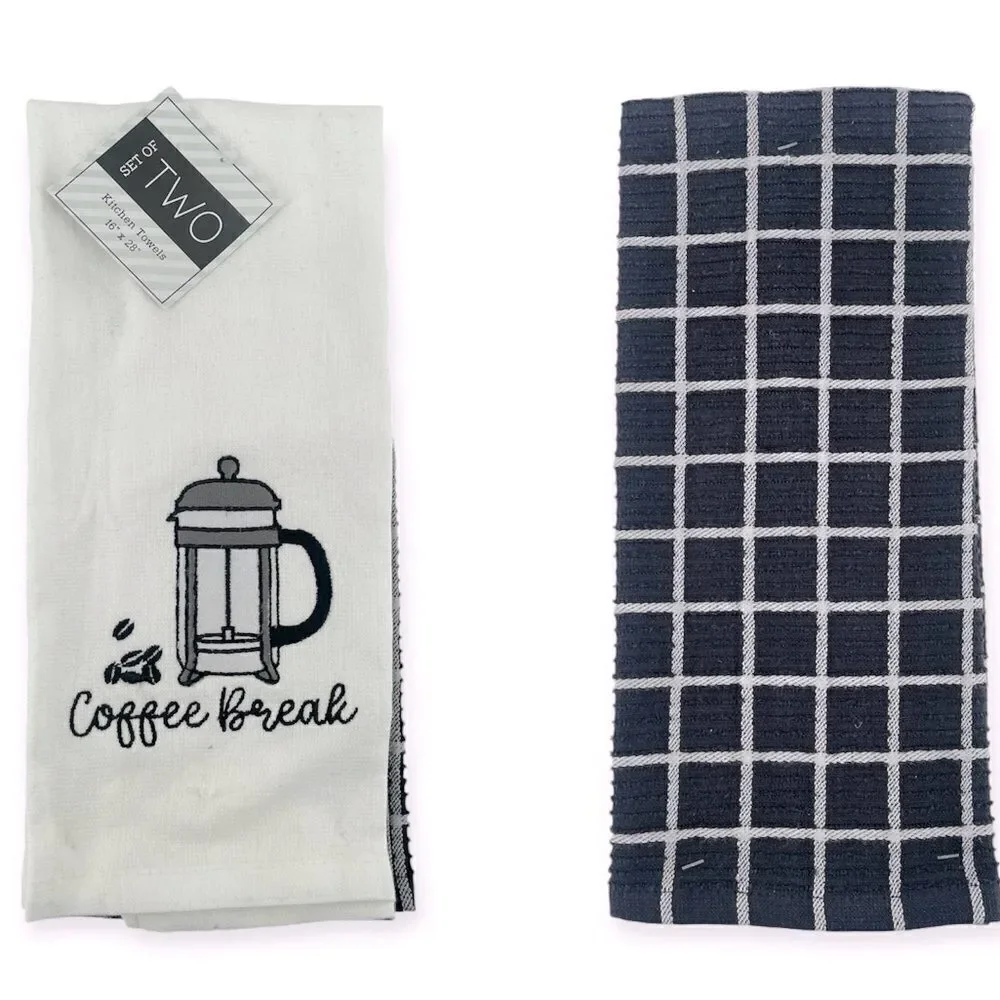 COFFEE BREAK Embroidered Cotton Black White Kitchen Towels, Set of 2, 16” x 28”